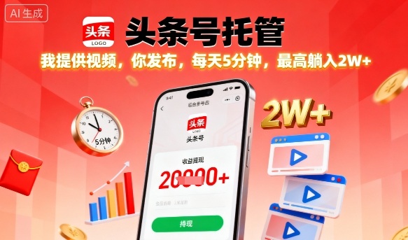 【头条号托管】我提供视频，你发布，每天5分钟，最高躺入2W+【揭秘】——生财有道创业项目网-生财有道