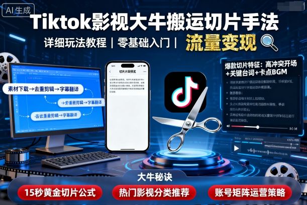 Tiktok影视大牛搬运切片手法，详细玩法教程——生财有道创业项目网-生财有道