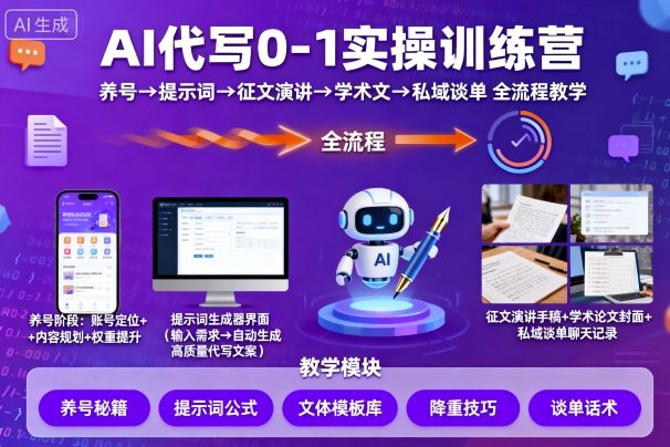 AI代写0-1实操训练营，从养号、提示词、征文演讲、学术文，到私域谈单的全流程教学——生财有道创业项目网-生财有道