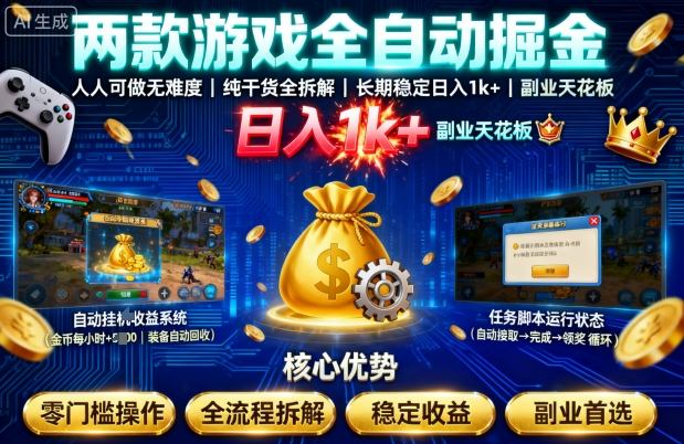 两款游戏全自动掘金，人人可做无难度，纯干货全拆解，长期稳定，日入1k+，副业天花板【揭秘】——生财有道创业项目网-生财有道