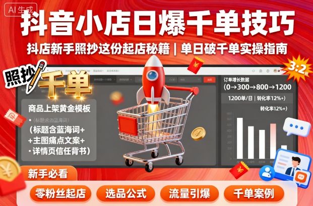 抖音小店日爆千单技巧，抖店新手照抄这份起店秘籍，单日破千单——生财有道创业项目网-生财有道