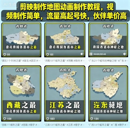 剪映制作地图动画制作教程，视频制作简单，流量高起号快，伙伴单价高——生财有道创业项目网-生财有道