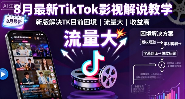 8月最新TikTok影视解说教学，新版解决TK目前困境，流量大，收益高——生财有道创业项目网-生财有道