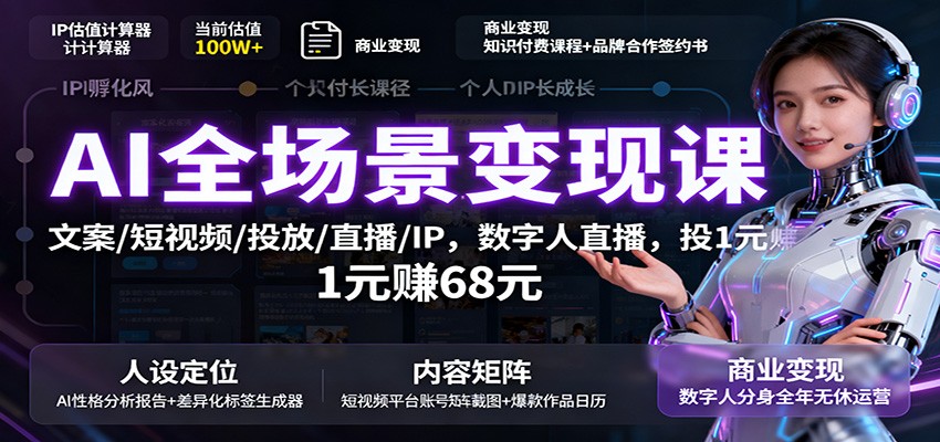AI全场景变现课：文案/短视频/投放/直播/IP，数字人直播，投1元赚68元_生财有道创业网-生财有道