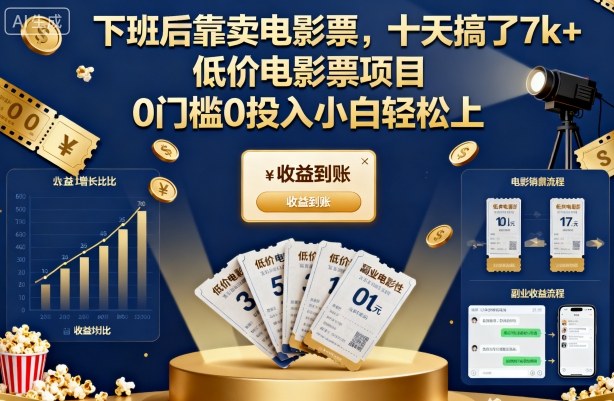 下班后靠卖电影票,十天搞了7k+,低价电影票项目,0门槛0投入小白轻松上手【揭秘】——生财有道创业项目网-生财有道