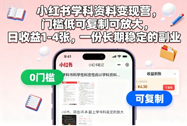 小红书学科资料变现营,门槛低可复制可放大,日收益1-4张,一份长期稳定的副业——生财有道创业项目网-生财有道