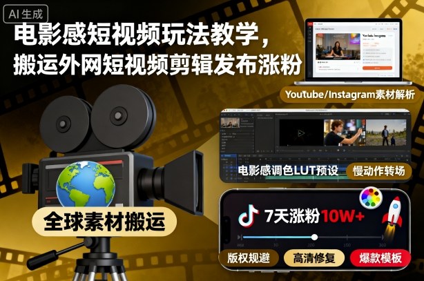 电影感短视频玩法教学,搬运外网短视频剪辑发布涨粉——生财有道创业项目网-生财有道