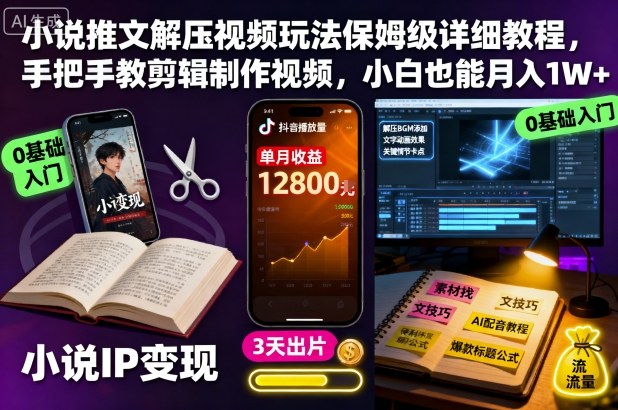 小说推文解压视频玩法保姆级详细教程，手把手教剪辑制作视频，小白也能月入1W+——生财有道创业项目网-生财有道