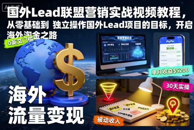 国外Lead联盟营销实战视频教程，从零基础到独立操作国外Lead项目的目标，开启海外淘金之路——生财有道创业项目网-生财有道