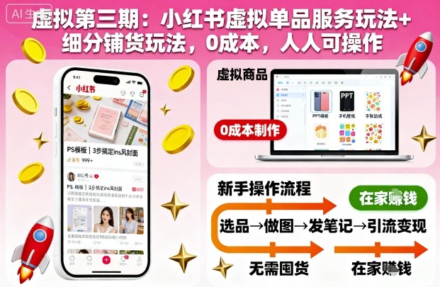 虚拟第三期：小红书虚拟单品服务玩法+细分铺货玩法，0成本，人人可操作——生财有道创业项目网-生财有道