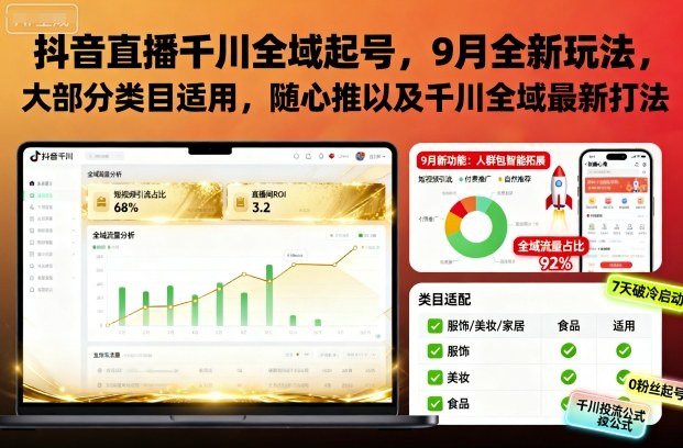 抖音直播千川全域起号，9月全新玩法，大部分类目适用，随心推以及千川全域最新打法——生财有道创业项目网-生财有道