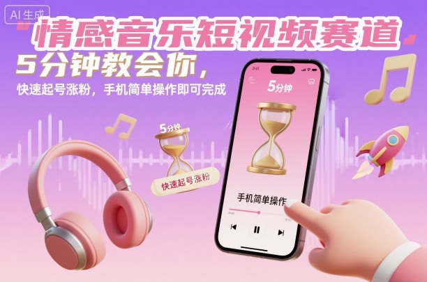 情感音乐短视频赛道，5分钟教会你，快速起号涨粉，手机简单操作即可完成——生财有道创业项目网-生财有道
