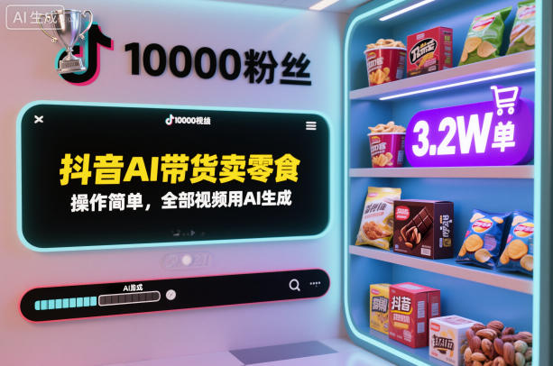 抖音AI带货卖零食，操作简单，全部视频用AI生成，一万粉丝，卖了3.2W单——生财有道创业项目网-生财有道