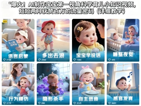 爆火!AI制作宝宝第一视角科学育儿小知识视频,短短两月获赞百万的流量密码(详细教学)——生财有道创业项目网-生财有道