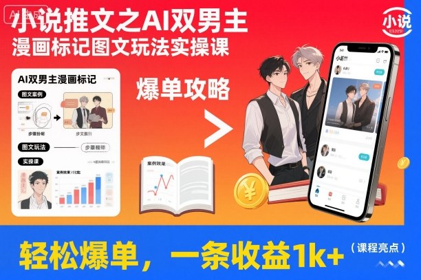 小说推文之AI双男主漫画标记图文玩法实操课，轻松爆单，一条收益1k+——生财有道创业项目网-生财有道