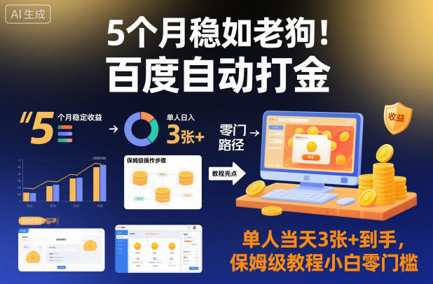 5个月稳如老狗！百度自动打金，单人当天3张+到手，保姆级教程小白零门槛【揭秘】——生财有道创业项目网-生财有道