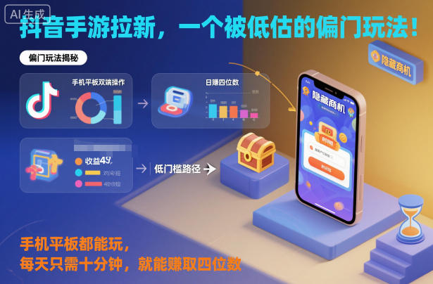 抖音手游拉新，一个被低估的偏门玩法！手机平板都能玩，每天只需十分钟，就能賺取四位数【揭秘】——生财有道创业项目网-生财有道