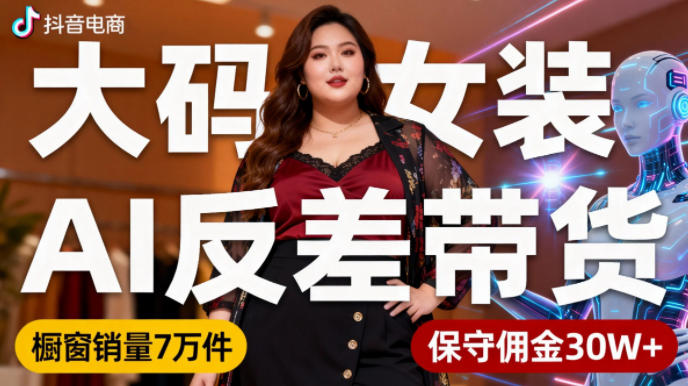 抖音小众赛道，大码女装AI反差带货，不用直播，每天6条作品，橱窗卖7万件，保守佣金30W+——生财有道创业项目网-生财有道