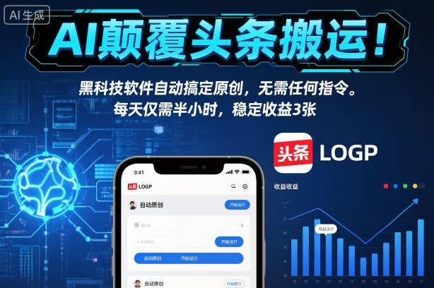 AI颠覆头条搬运！黑科技软件自动搞定原创，无需任何指令。每天仅需半小时，稳定收益3张【揭秘】——生财有道创业项目网-生财有道