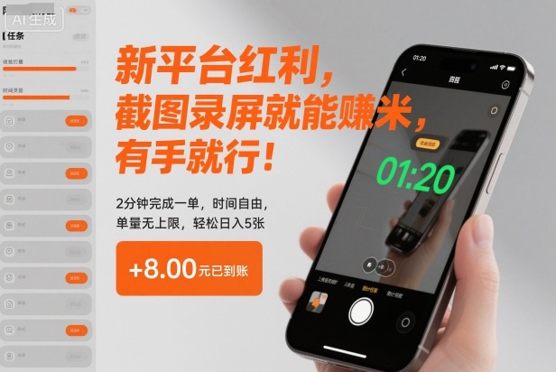 新平台红利，截图录屏就能賺米，有手就行！2分钟完成一单，时间自由，单量无上限，轻松日入5张【揭秘】——生财有道创业项目网-生财有道