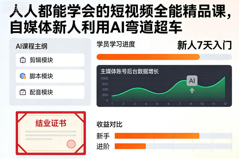 人人都能学会的短视频全能精品课,自媒体新人利用AI弯道超车——生财有道创业项目网-生财有道