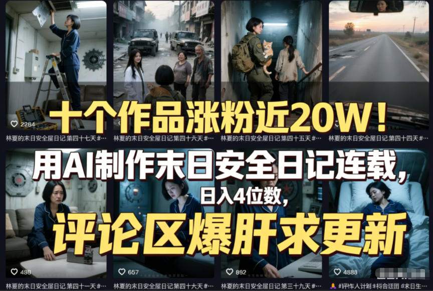 图片[1]-十个作品涨粉近20W！用AI制作末日安全日记连载，日入4位数，评论区爆肝求更新（附详细步骤）——生财有道创业项目网-生财有道