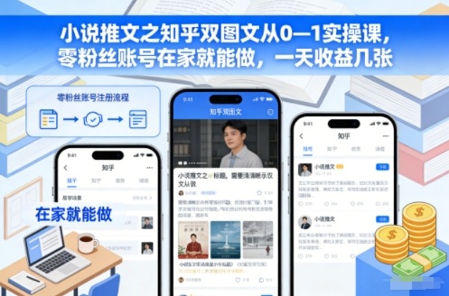 小说推文之知乎双图文从0—1实操课，零粉丝账号在家就能做，一天收益几张——生财有道创业项目网-生财有道