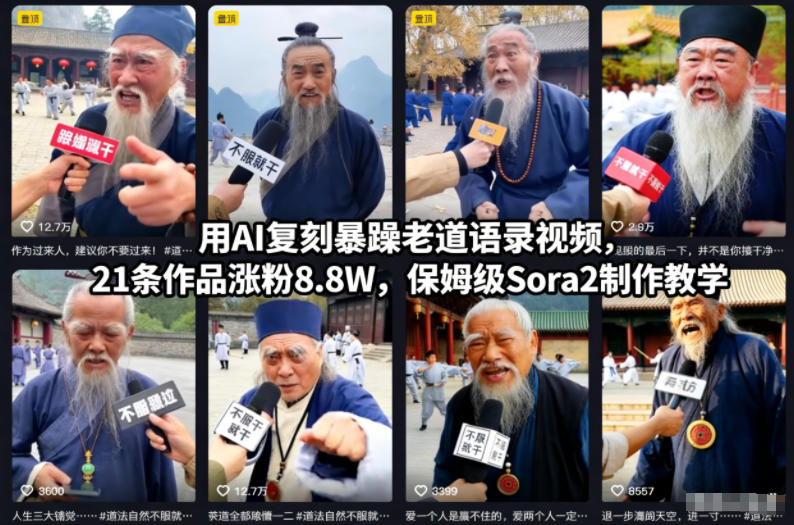 用AI复刻暴躁老道语录视频,21条作品涨粉8.8W,保姆级Sora2制作教学——生财有道创业项目网-生财有道