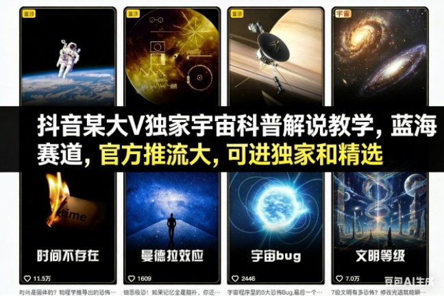 抖音某大V独家宇宙科普解说教学,蓝海赛道,官方推流大,可进独家和精选——生财有道创业项目网-生财有道