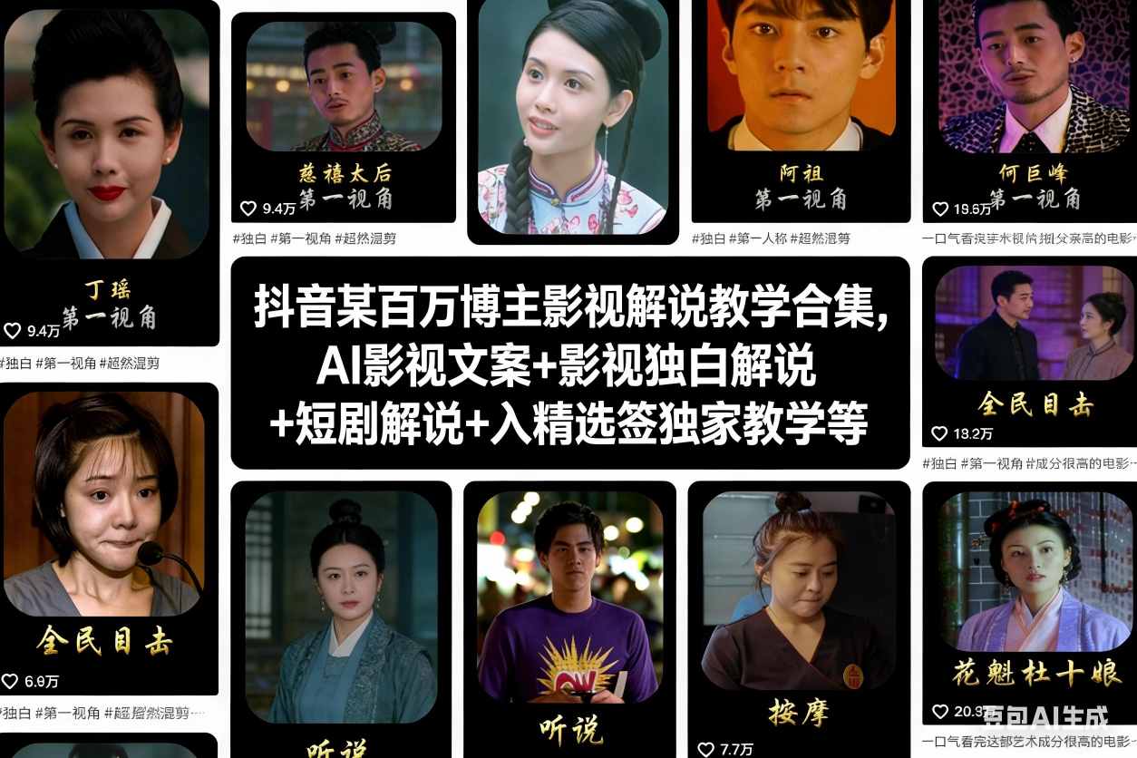 抖音某百万博主影视解说教学合集，AI影视文案+影视独白解说+短剧解说+入精选签独家教学等——生财有道创业项目网-生财有道