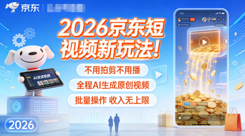 2026京东短视频新玩法！不用拍剪不用播，全程AI生成原创视频，批量操作收入无上限——生财有道创业项目网-生财有道