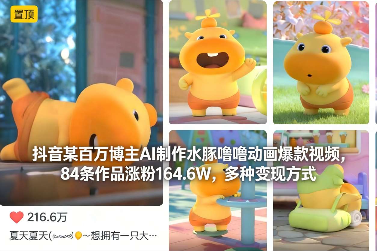抖音某百万博主AI制作水豚噜噜动画爆款视频，84条作品涨粉164.6W，多种变现方式——生财有道创业项目网-生财有道