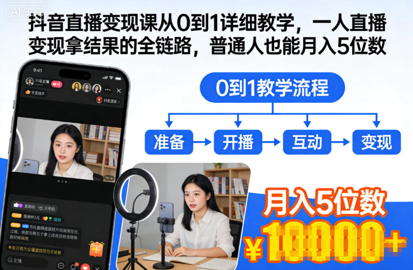 抖音直播变现课从0到1详细教学,一人直播变现拿结果的全链路,普通人也能月入5位数——生财有道创业项目网-生财有道