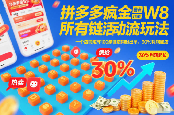 拼多多疯狂活动流玩法，所有链接全部打标，一个店铺矩阵100条链接同时出单，30%利润起店——生财有道创业项目网-生财有道