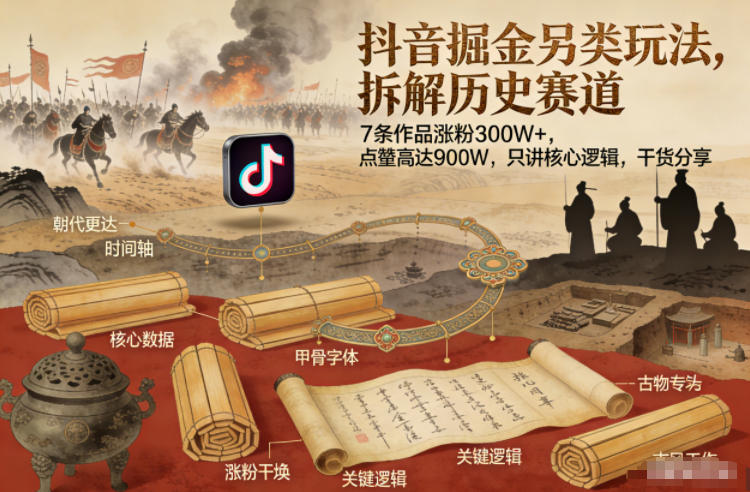 抖音掘金另类玩法，拆解历史赛道，7条作品涨粉300W+，点赞量高达900W，只讲核心逻辑，干货分享——生财有道创业项目网-生财有道