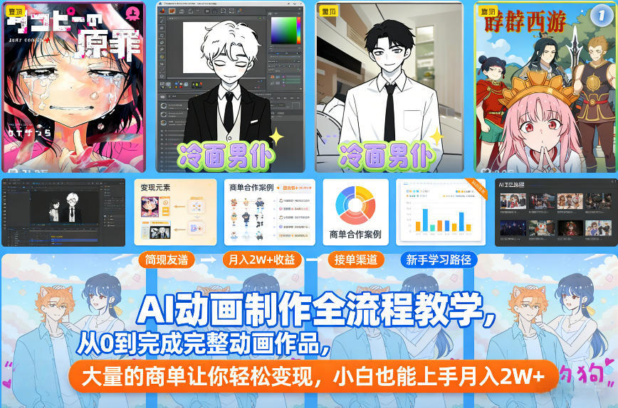 AI动画制作全流程教学，从0到完成完整动画作品，大量的商单让你轻松变现，小白也能上手月入2W+——生财有道创业项目网-生财有道