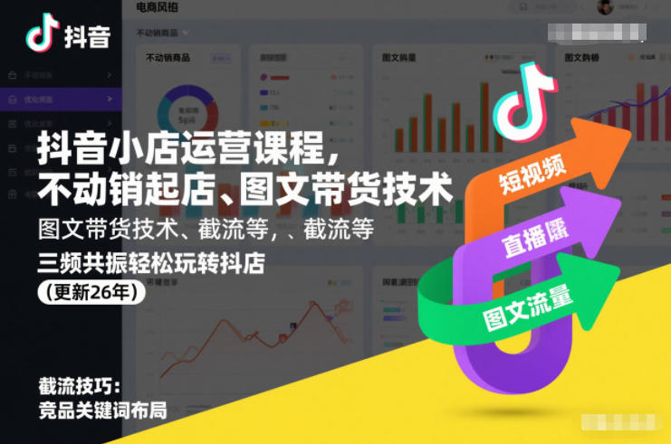 抖音小店运营课程，不动销起店、图文带货技术、截流等，三频共振轻松玩转抖店(更新26年)——生财有道创业项目网-生财有道