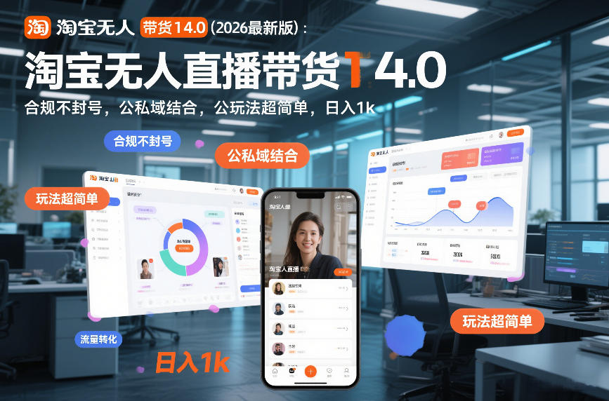 淘宝无人直播带货14.0（2026最新版）：合规不封号，公私域结合，玩法超简单，日入1k+【揭秘】——生财有道创业项目网-生财有道