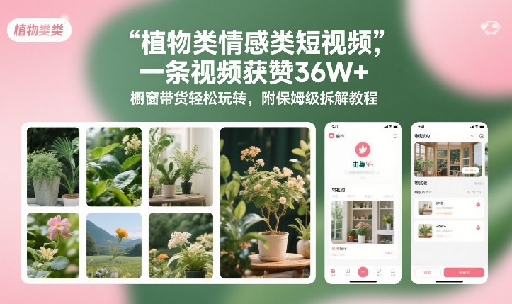 植物类情感类短视频，一条视频获赞36W+，橱窗带货轻松玩转，附保姆级拆解教程——生财有道创业项目网-生财有道
