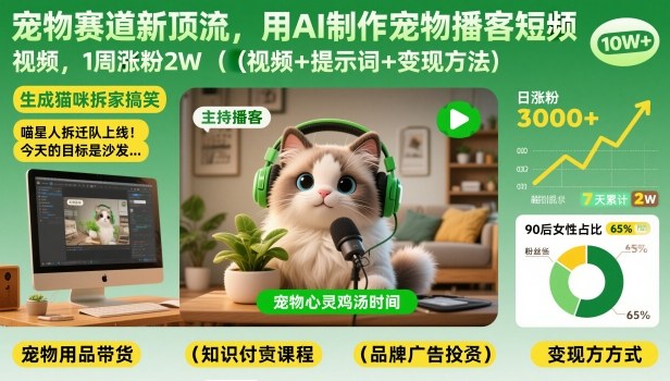 宠物赛道新顶流，用AI制作宠物播客短视频，1周涨粉2W（视频+提示词+变现方法）——生财有道创业项目网-生财有道