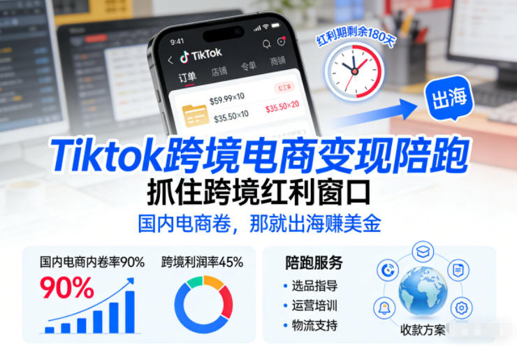 Tiktok跨境电商变现陪跑，抓住跨境红利窗口，国内电商卷，那就出海賺美金——生财有道创业项目网-生财有道