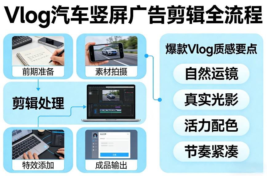 Vlog感觉汽车竖屏广告剪辑脚本全流程，拿捏爆款Vlog质感——生财有道创业项目网-生财有道