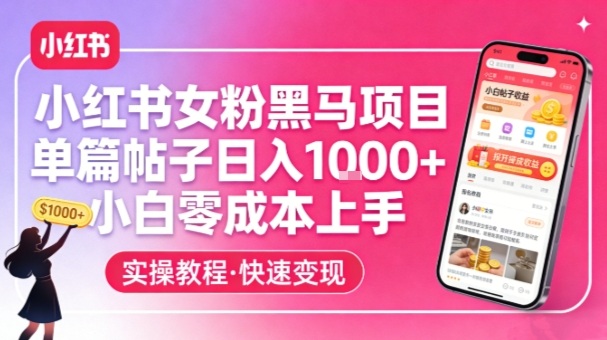 小红书女粉黑马项目，单篇帖子日入1k+，小白零成本上手——生财有道创业项目网-生财有道