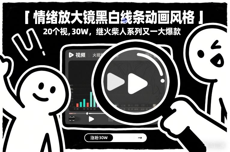 情绪放大镜黑白线条动画风格,20个视频,涨粉30W,继火柴人系列又一大爆款——生财有道创业项目网-生财有道
