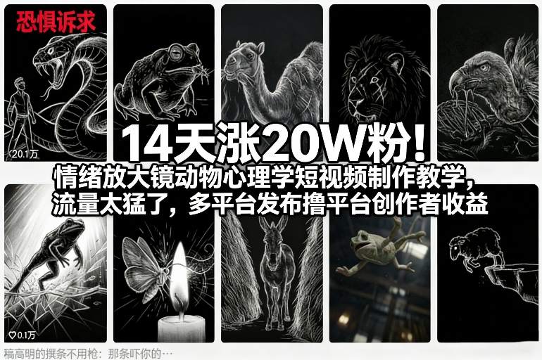 14天涨20W粉!情绪放大镜动物心理学短视频制作教学,流量太猛了,多平台发布撸平台创作者收益——生财有道创业项目网-生财有道
