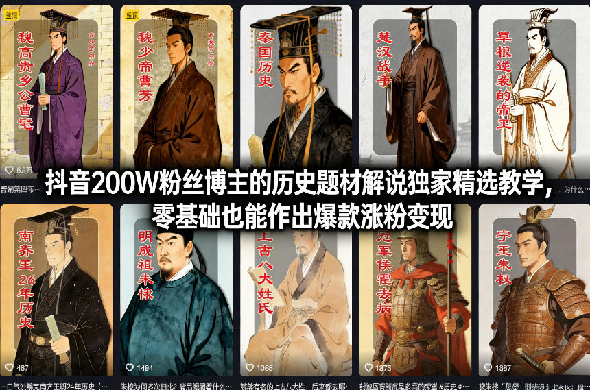 抖音200W粉丝博主的历史题材解说独家精选教学，零基础也能作出爆款涨粉变现——生财有道创业项目网-生财有道