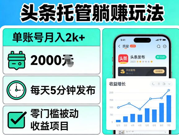 头条托管躺賺玩法,单账号月入2k+,每天5分钟发布即可,零门槛被动收益项目【揭秘】——生财有道创业项目网-生财有道