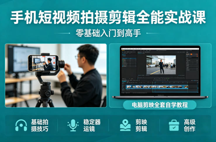 手机短视频拍摄剪辑全能实战课：零基础入门到高手，稳定器运镜+电脑剪映全套自学教程——生财有道创业项目网-生财有道