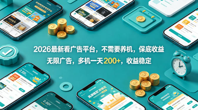 2026最新看广告平台，不需要养机，保底收益，无限广告，多机一天200+，收益稳定【揭秘】——生财有道创业项目网-生财有道