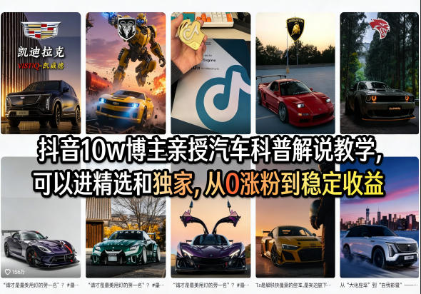 抖音10w博主亲授汽车科普解说教学，可以进精选和独家，从0涨粉到稳定收益（详细视频课程+1T素材）——生财有道创业项目网-生财有道